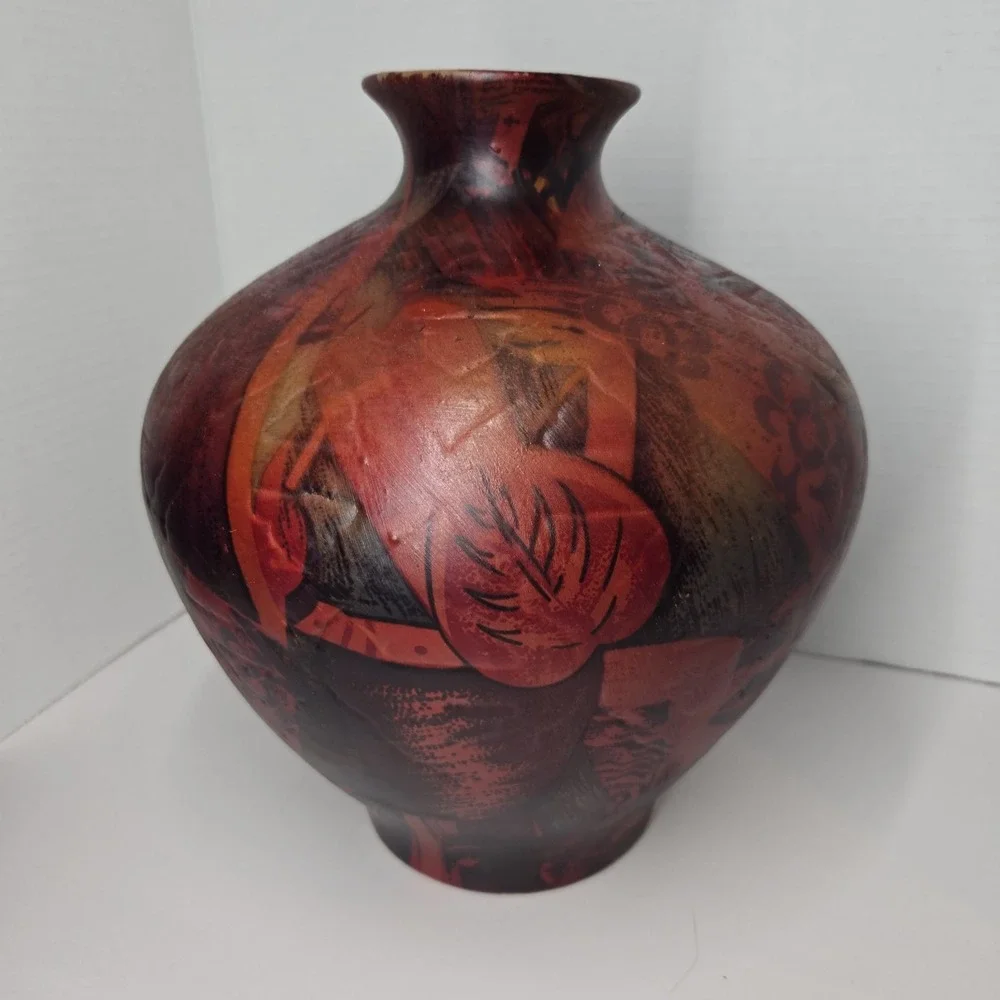 Vtg MCM Unique Art Deco Ceramic Large Balloon Vase‎ Red Brown Floral Pattern